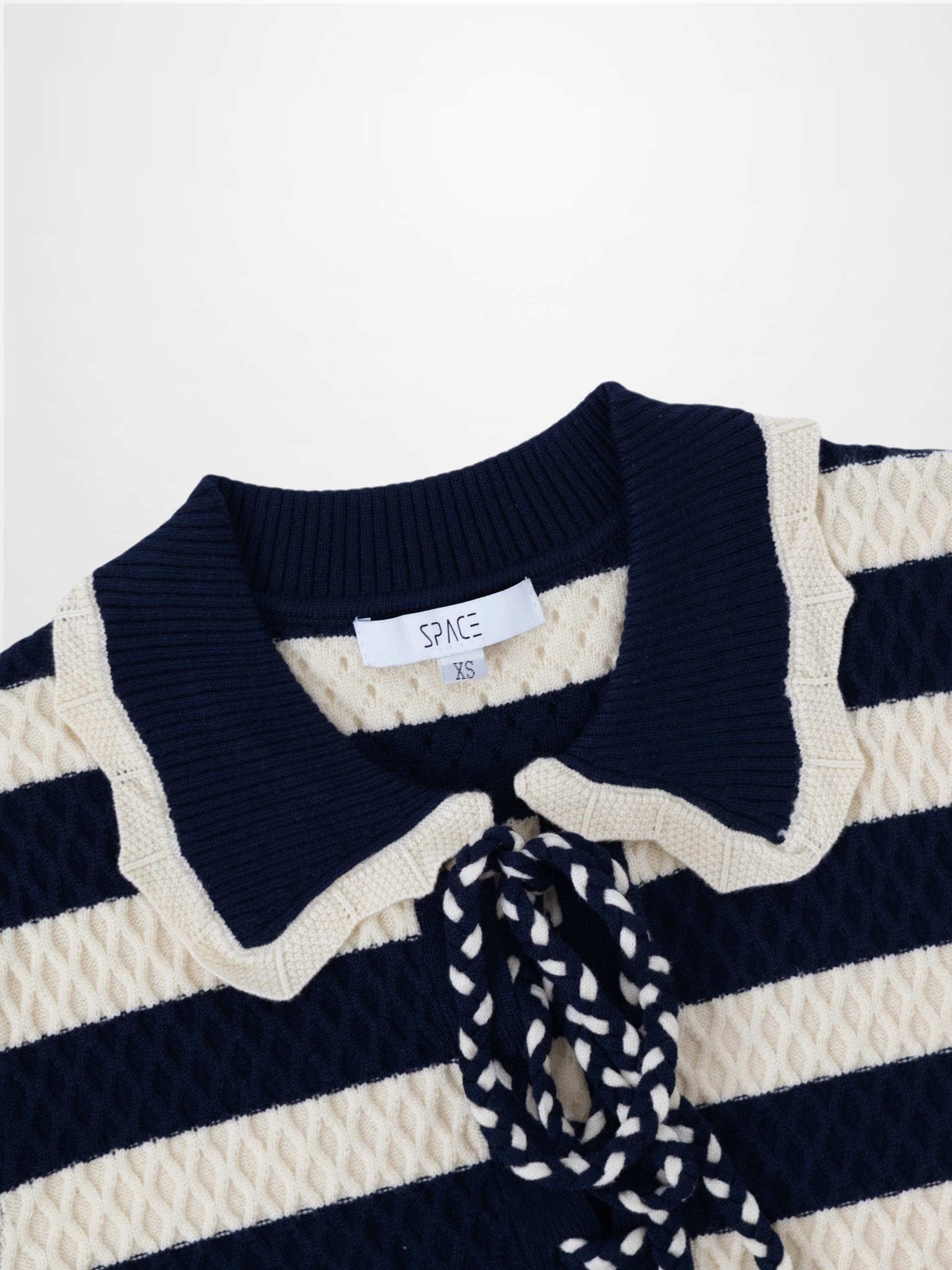 Laced Ruffle Collar Striped Sweater - Navy/Cream - Addy Avenue