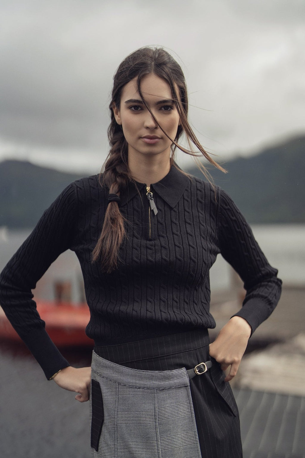 Leather Pull Half Zip Cable Polo - Black - Addy Avenue