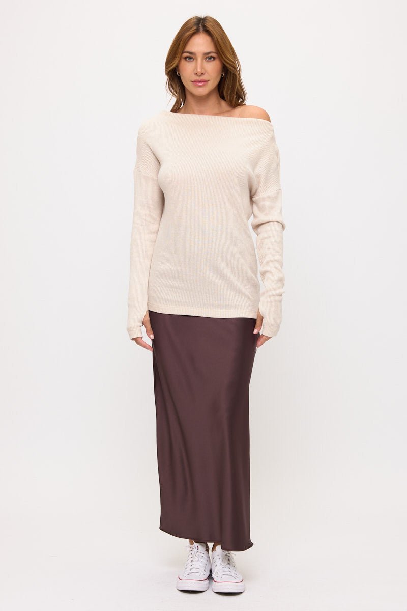 Off The Shoulder Rib Knit Solid Long Sleeve Sweater - Addy Avenue