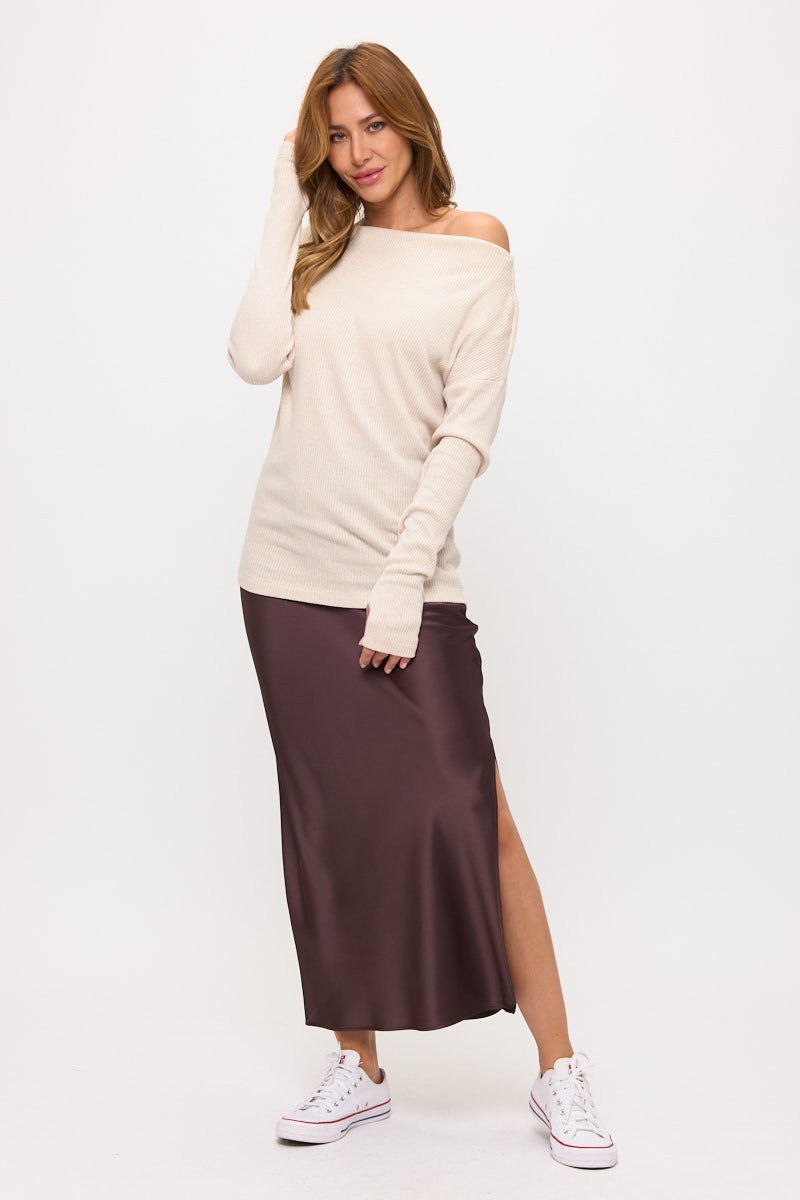 Off The Shoulder Rib Knit Solid Long Sleeve Sweater - Addy Avenue