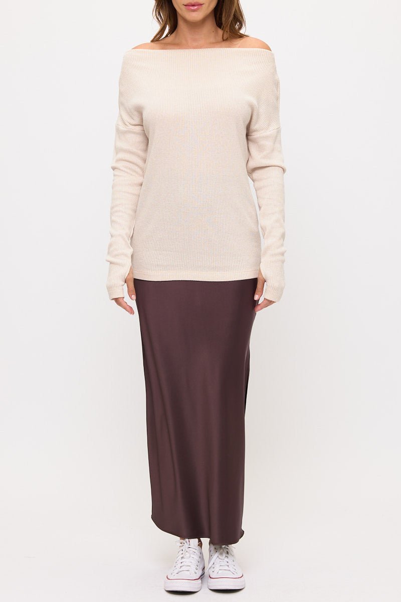 Off The Shoulder Rib Knit Solid Long Sleeve Sweater - Addy Avenue