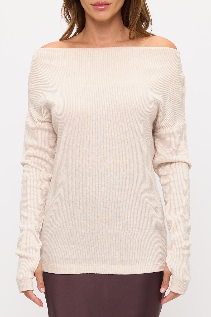 Off The Shoulder Rib Knit Solid Long Sleeve Sweater - Addy Avenue