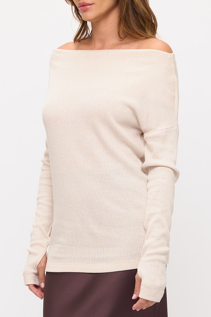 Off The Shoulder Rib Knit Solid Long Sleeve Sweater - Addy Avenue