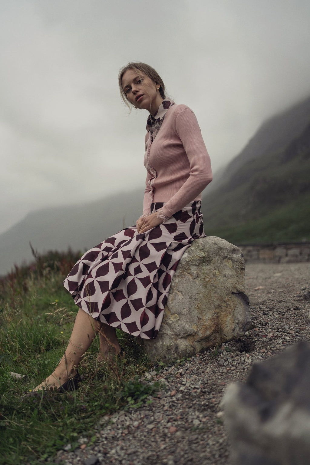 Pintuck Shimmer Print Blouse - Burgundy/Pink - Addy Avenue