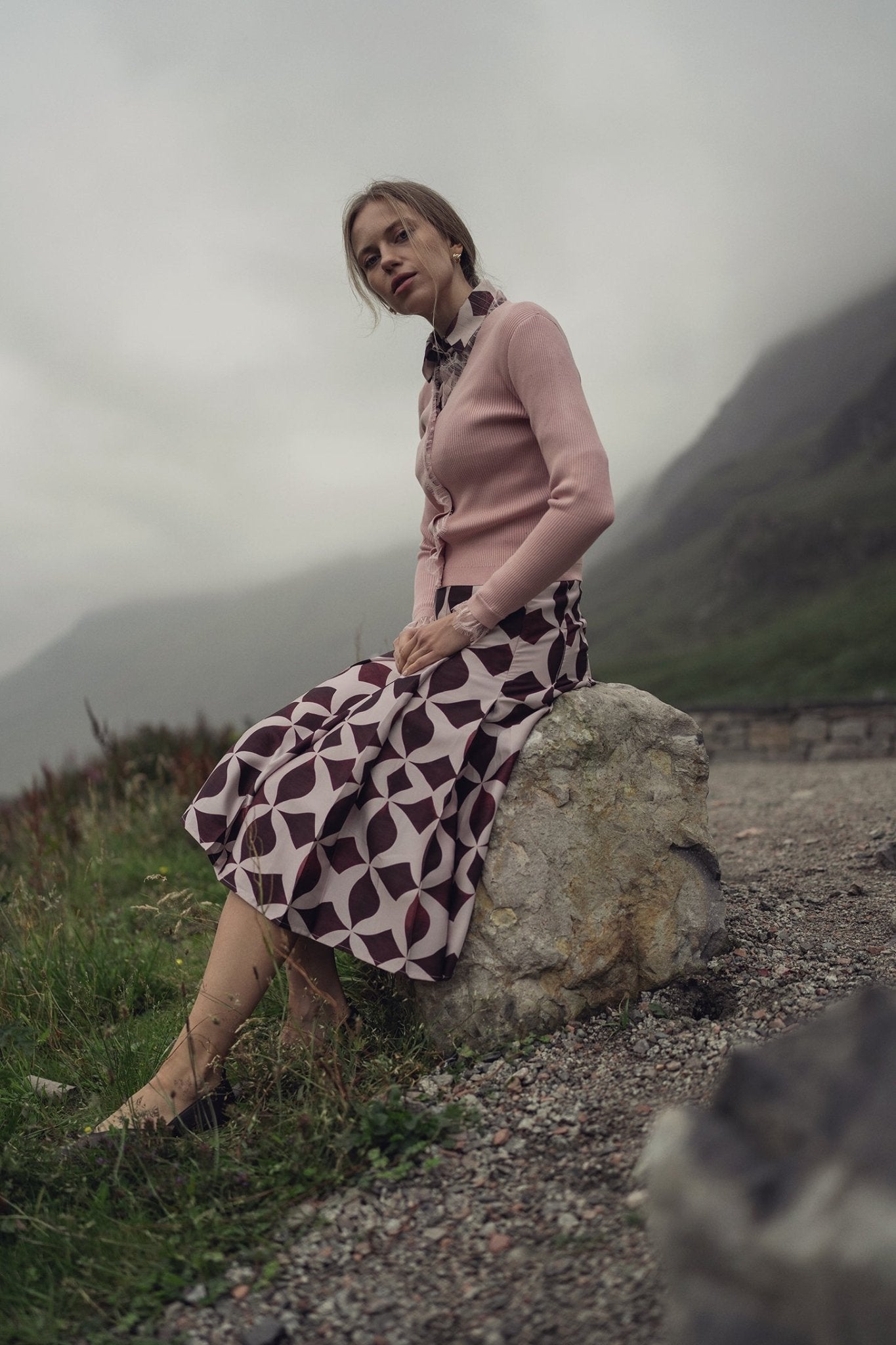 Pintuck Shimmer Print Blouse - Burgundy/Pink - Addy Avenue