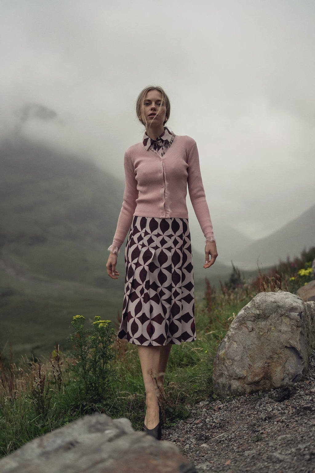 Pintuck Shimmer Print Blouse - Burgundy/Pink - Addy Avenue