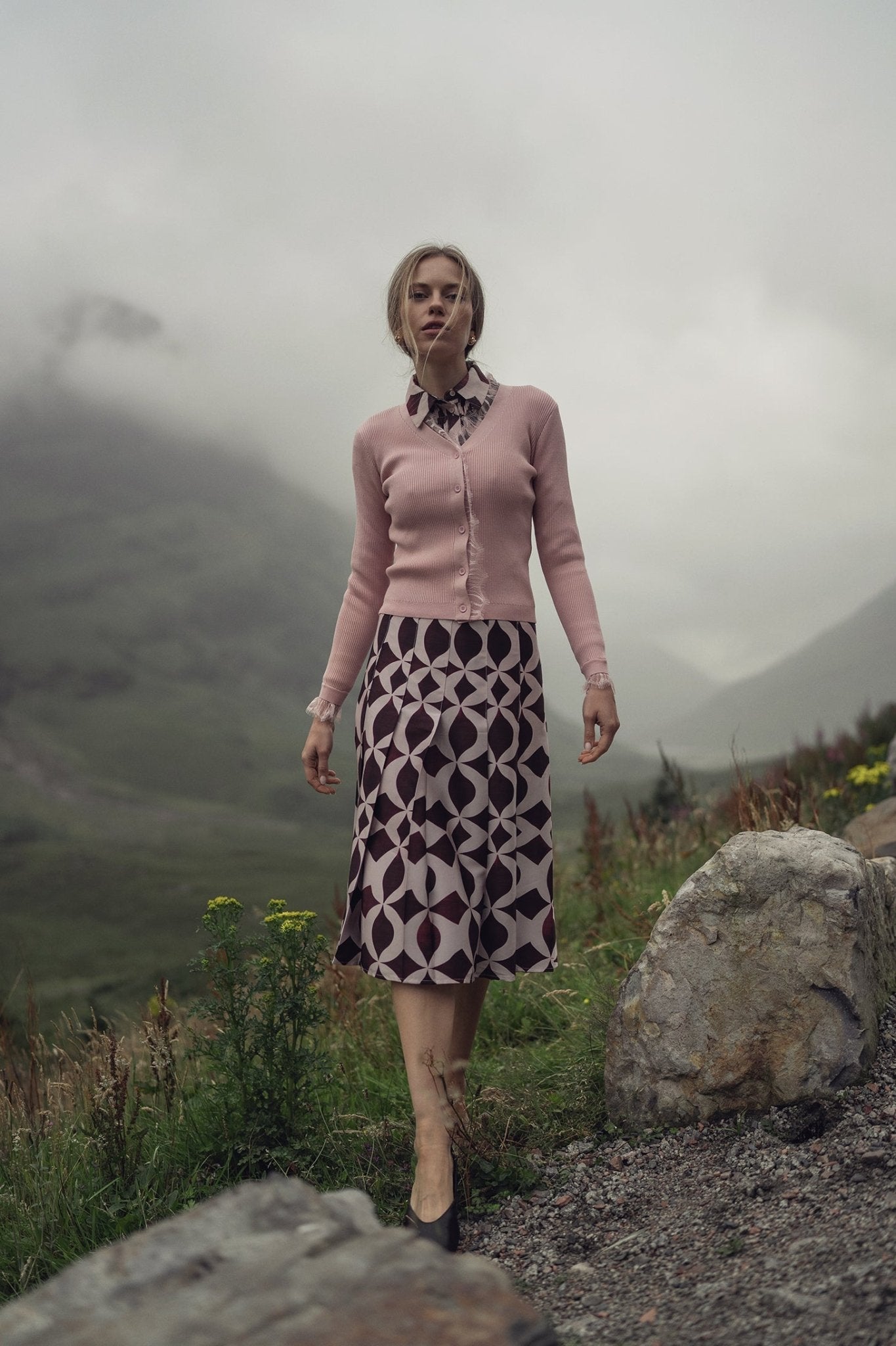 Pintuck Shimmer Print Blouse - Burgundy/Pink - Addy Avenue