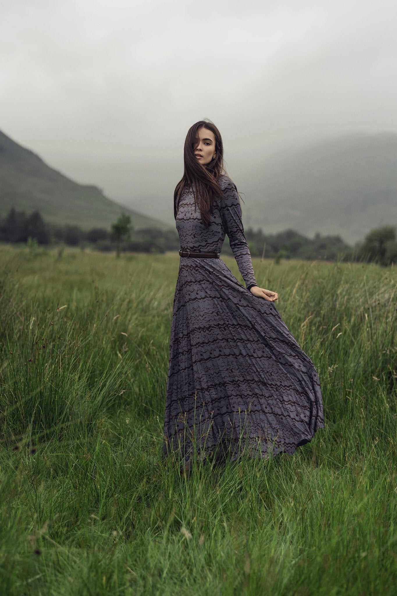 Pleat Bottom Stretch Maxi Dress - Grey/Brown - Addy Avenue