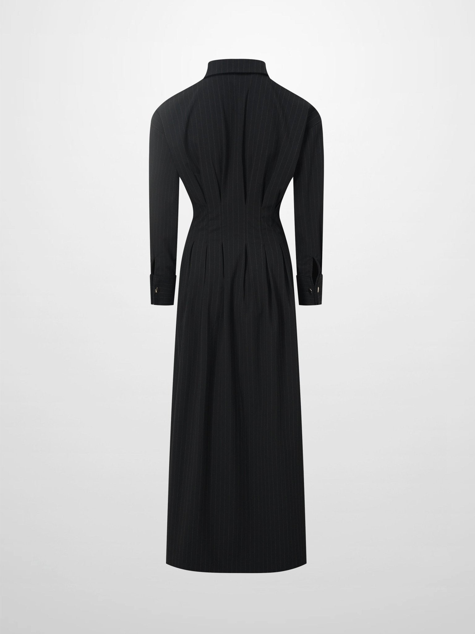 Pleat Waist Pinstripe Button Down Dress - Black - Addy Avenue