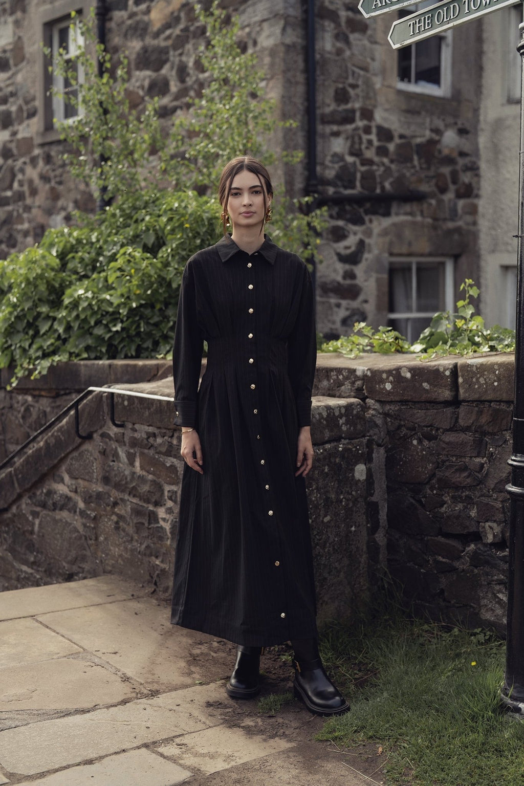 Pleat Waist Pinstripe Button Down Dress - Black - Addy Avenue