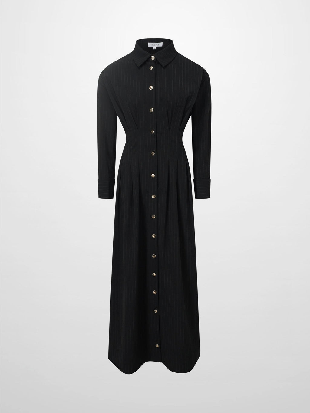 Pleat Waist Pinstripe Button Down Dress - Black - Addy Avenue