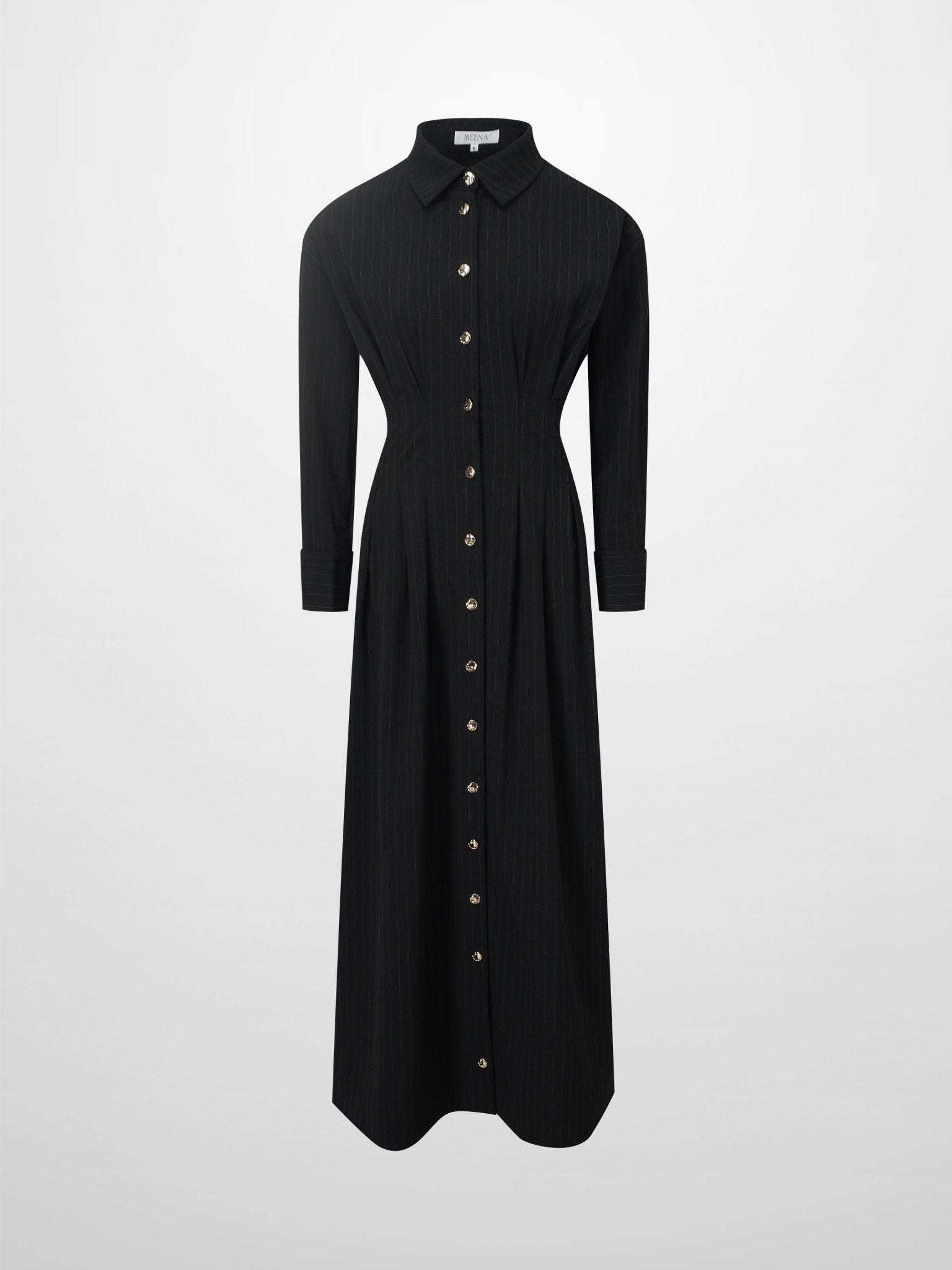 Pleat Waist Pinstripe Button Down Dress - Black - Addy Avenue