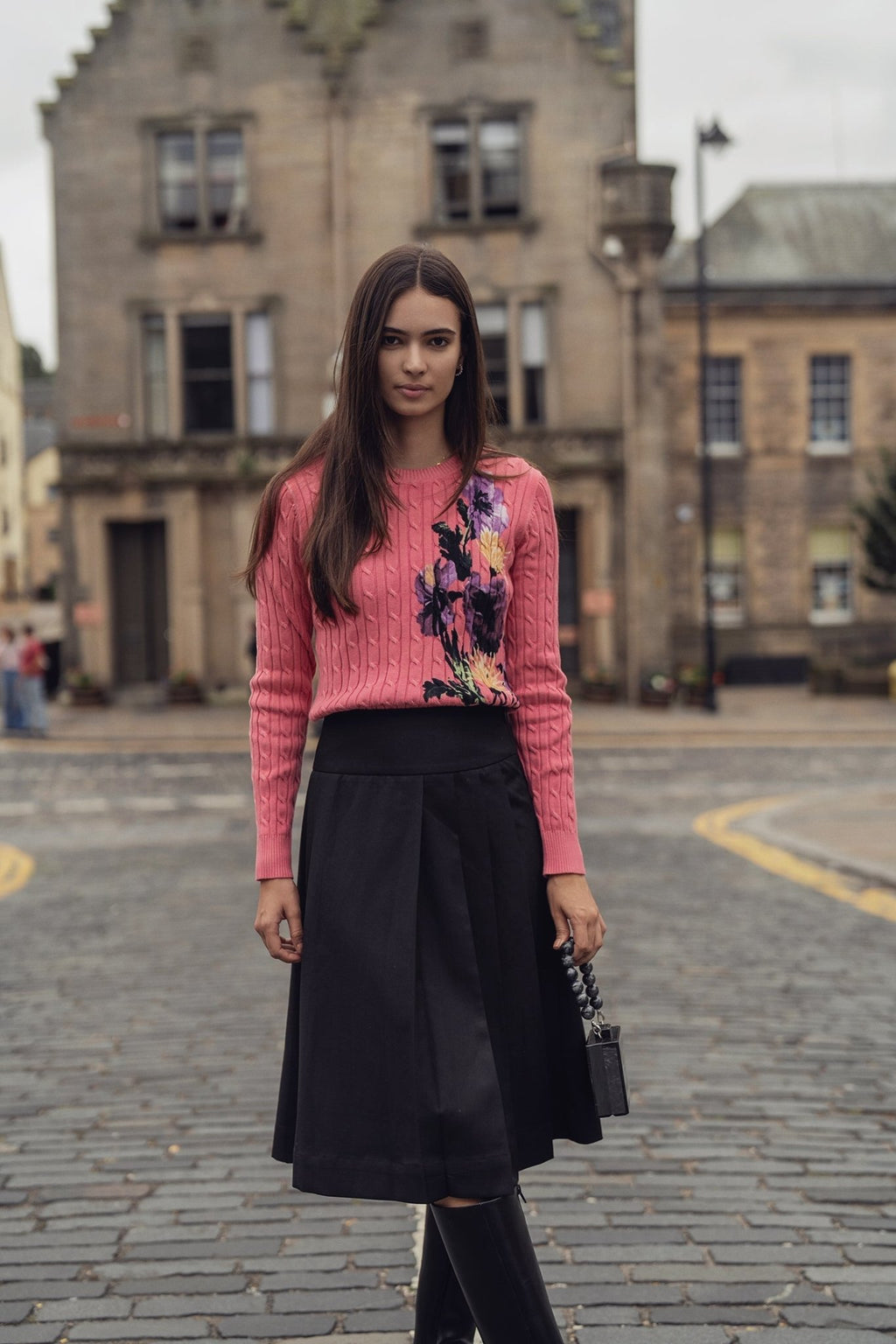 Printed Cable Sweater - Pink Flower - Addy Avenue