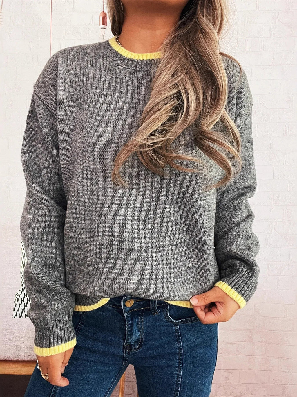 Ribbed Contrast Trim Long Sleeve Sweater - Addy Avenue