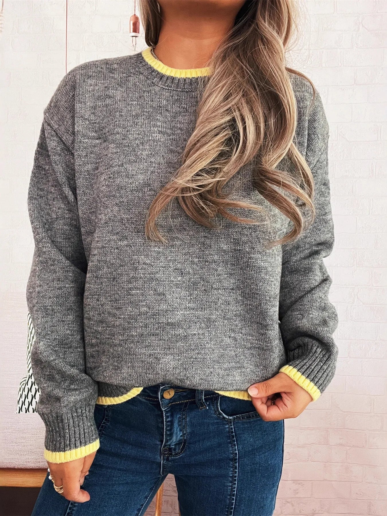 Ribbed Contrast Trim Long Sleeve Sweater - Addy Avenue