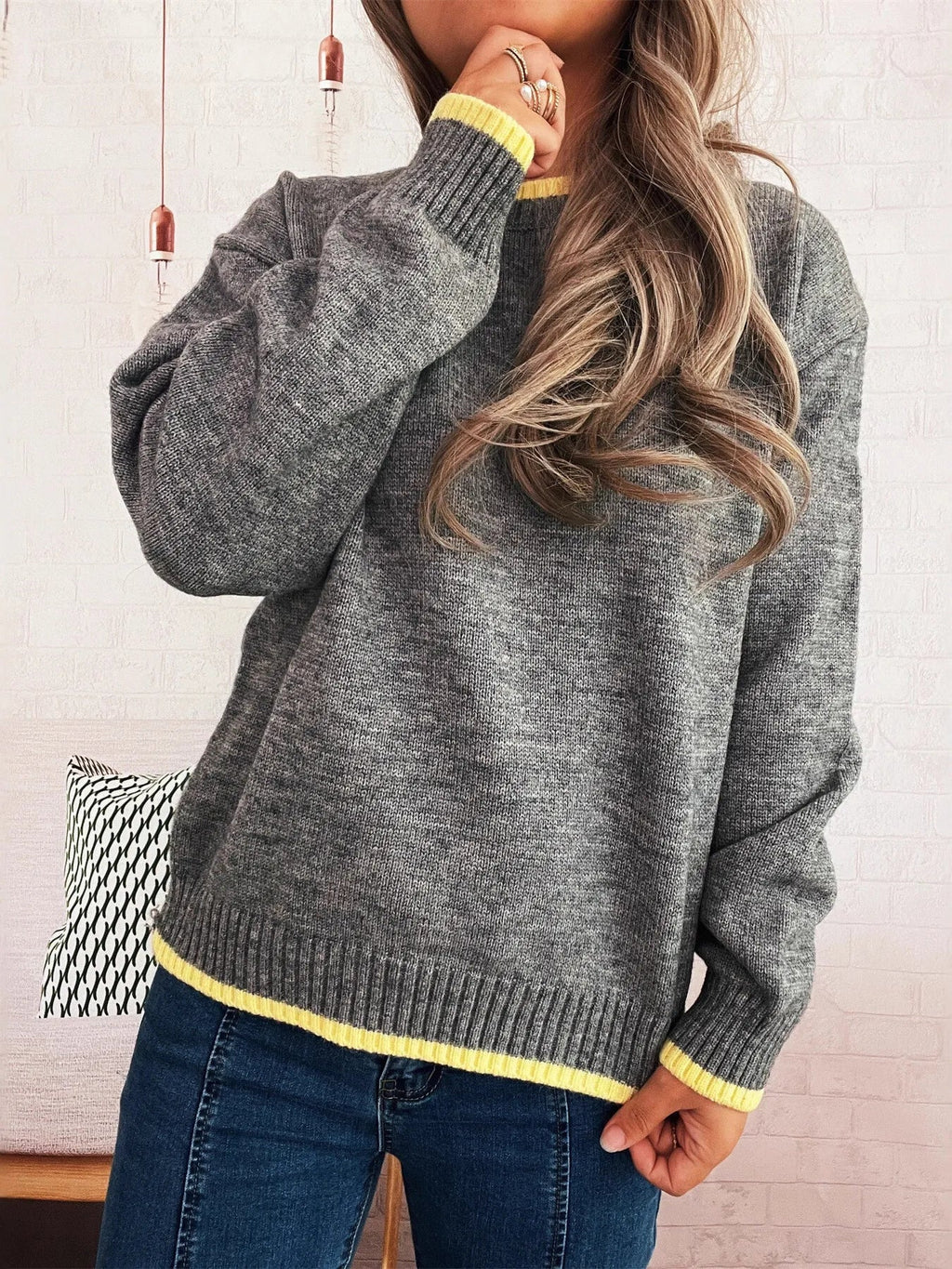 Ribbed Contrast Trim Long Sleeve Sweater - Addy Avenue