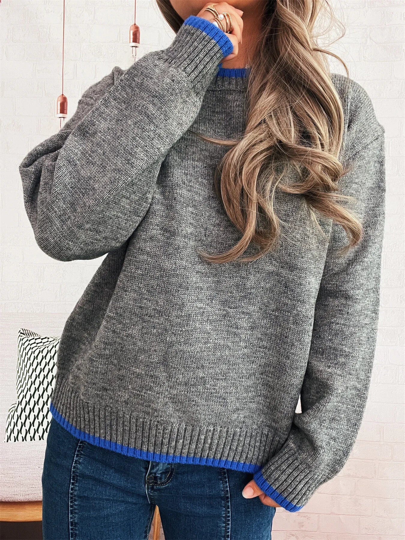 Ribbed Contrast Trim Long Sleeve Sweater - Addy Avenue