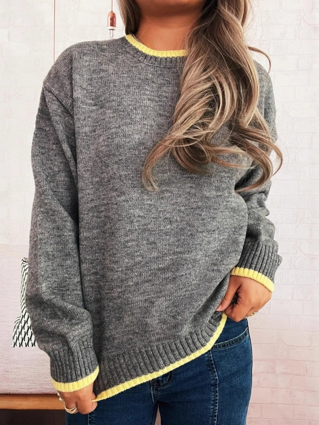 Ribbed Contrast Trim Long Sleeve Sweater - Addy Avenue