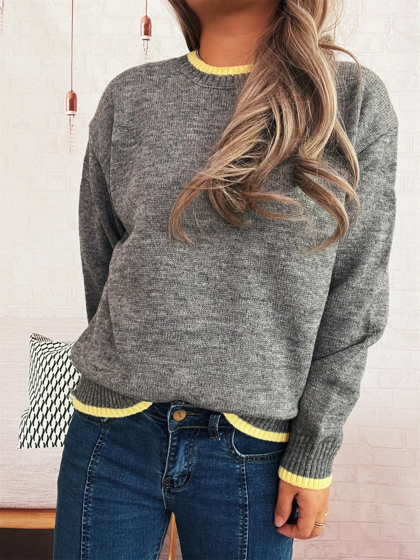 Ribbed Contrast Trim Long Sleeve Sweater - Addy Avenue