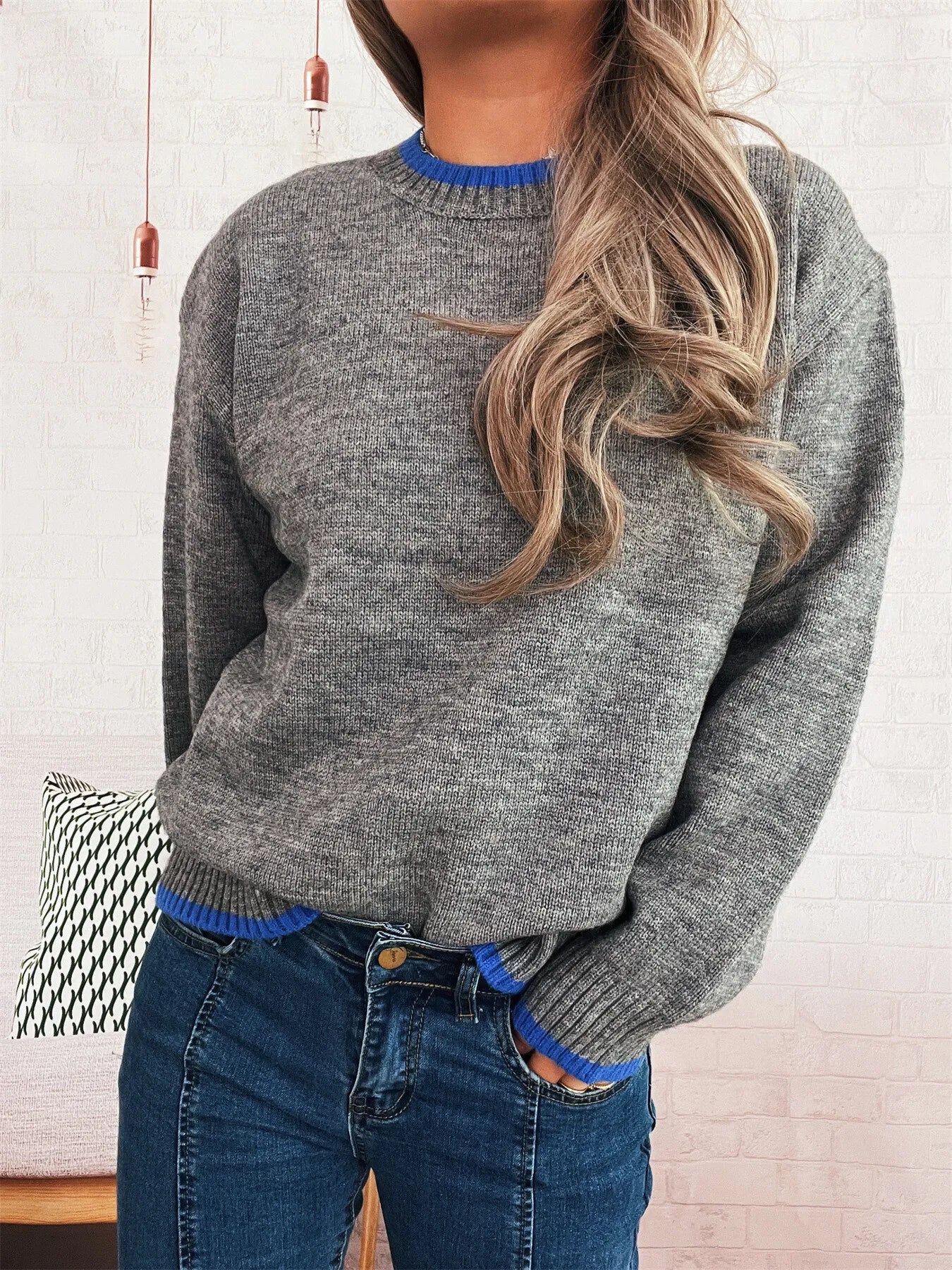 Ribbed Contrast Trim Long Sleeve Sweater - Addy Avenue