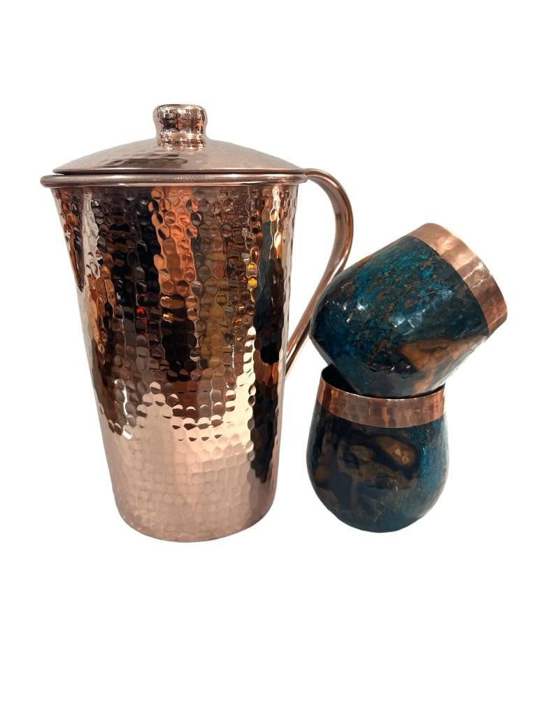 Set of One Shiny Hammered Copper Pitcher with Top and Two Blue Marbled Tumblers - Addy Avenue
