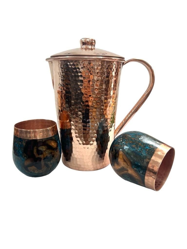 Set of One Shiny Hammered Copper Pitcher with Top and Two Blue Marbled Tumblers - Addy Avenue