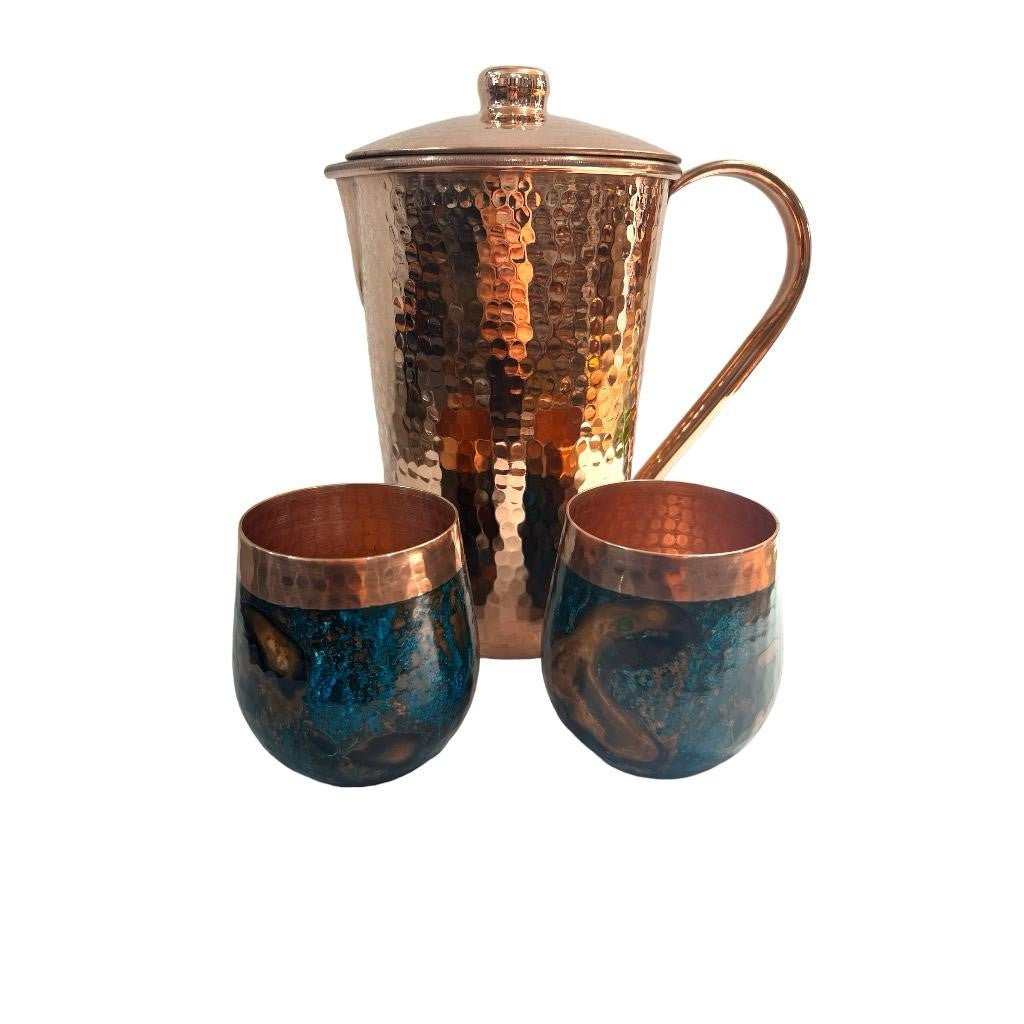 Set of One Shiny Hammered Copper Pitcher with Top and Two Blue Marbled Tumblers - Addy Avenue