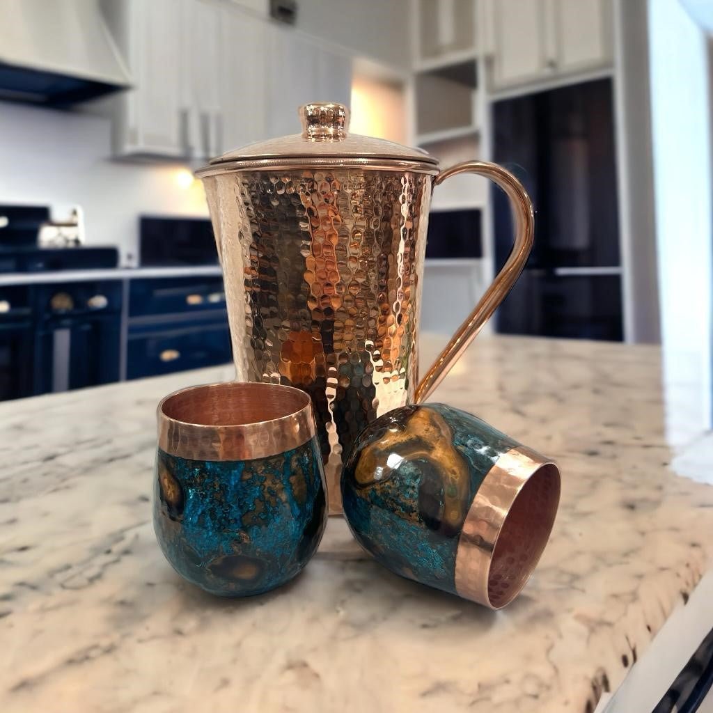 Set of One Shiny Hammered Copper Pitcher with Top and Two Blue Marbled Tumblers - Addy Avenue