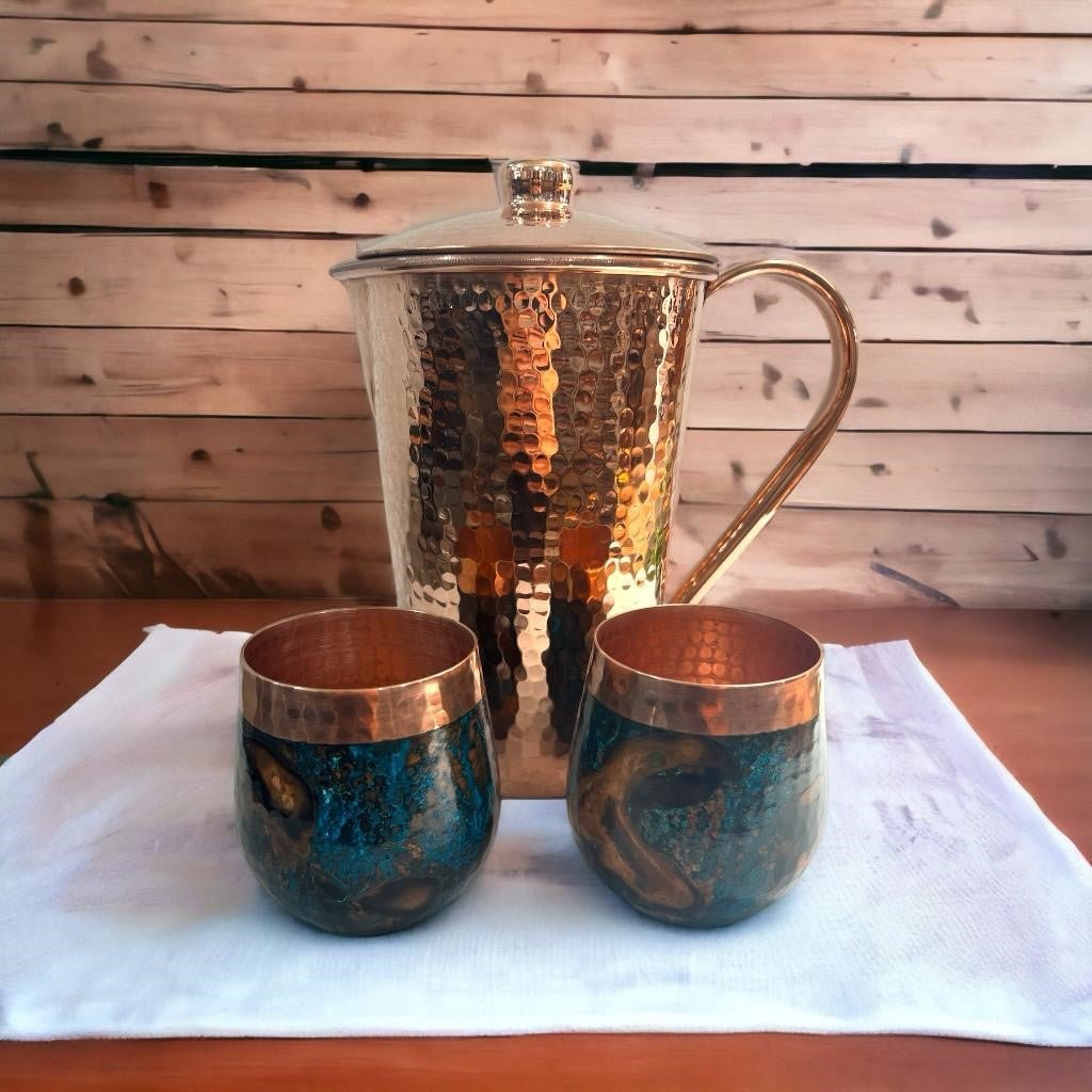 Set of One Shiny Hammered Copper Pitcher with Top and Two Blue Marbled Tumblers - Addy Avenue