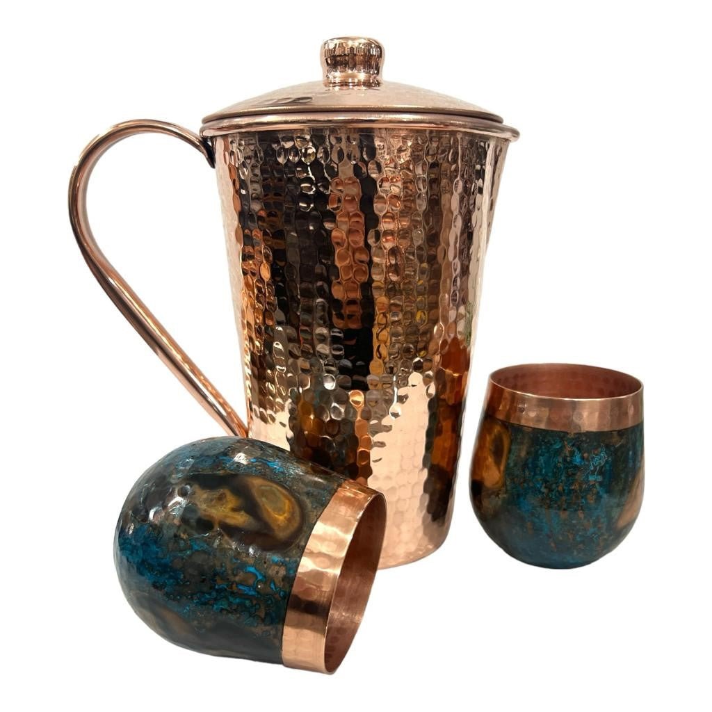 Set of One Shiny Hammered Copper Pitcher with Top and Two Blue Marbled Tumblers - Addy Avenue