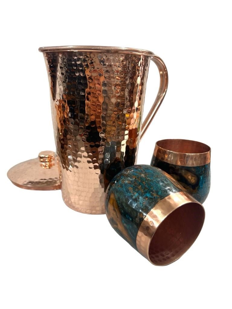 Set of One Shiny Hammered Copper Pitcher with Top and Two Blue Marbled Tumblers - Addy Avenue
