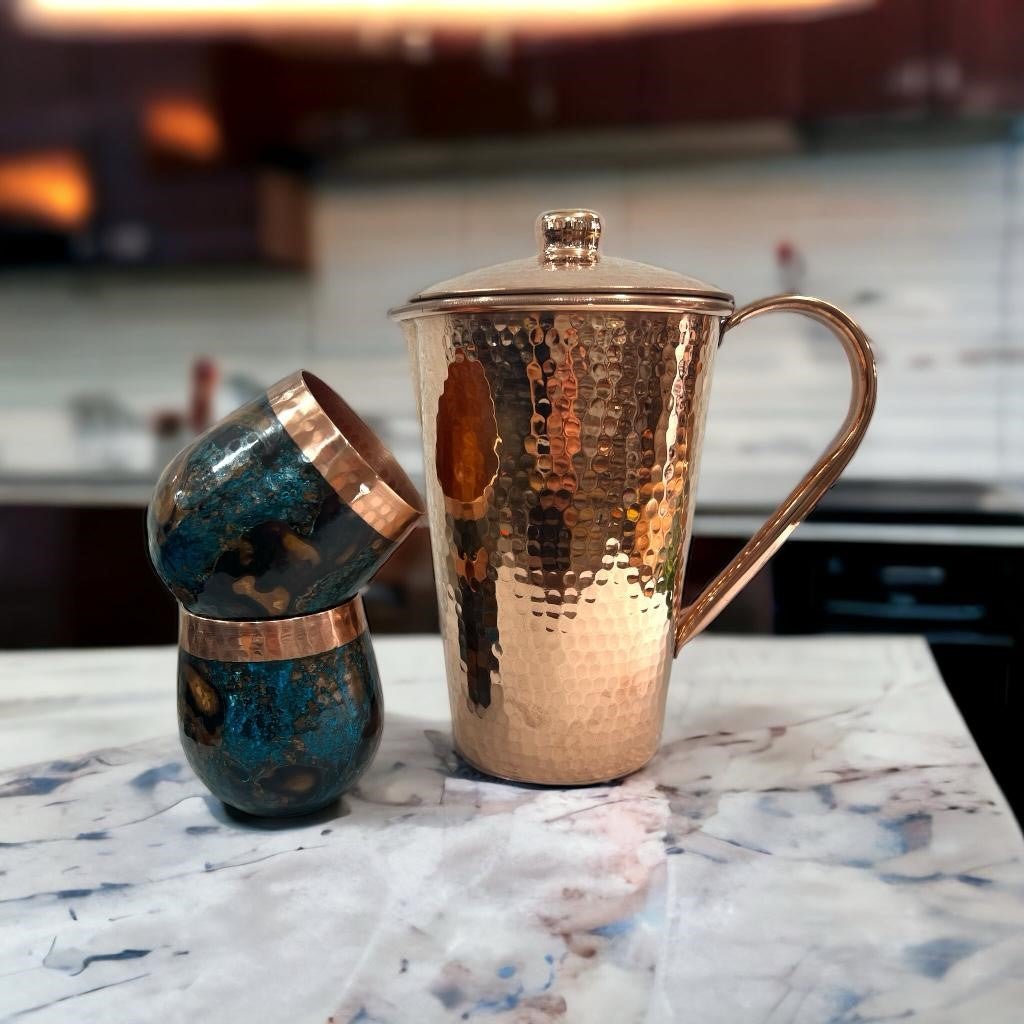 Set of One Shiny Hammered Copper Pitcher with Top and Two Blue Marbled Tumblers - Addy Avenue