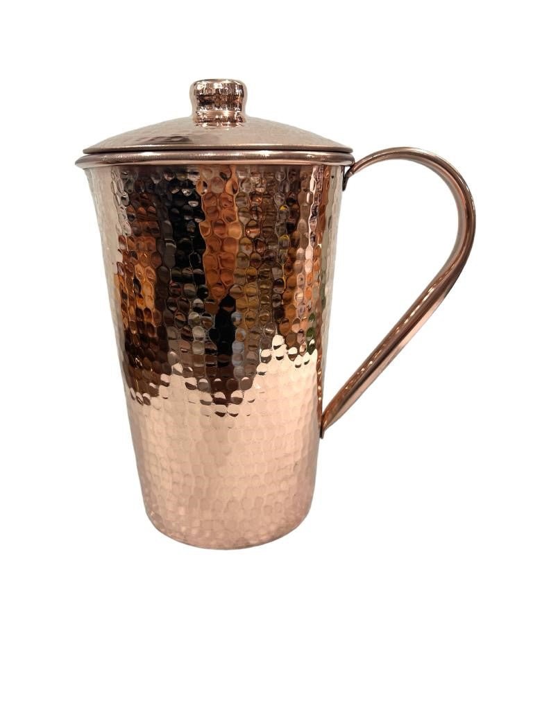 Set of One Shiny Hammered Copper Pitcher with Top and Two Blue Marbled Tumblers - Addy Avenue