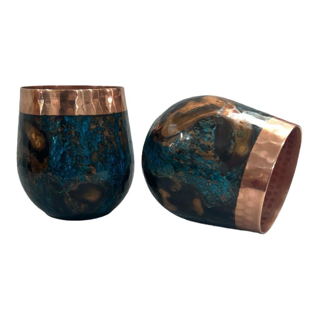Set of One Shiny Hammered Copper Pitcher with Top and Two Blue Marbled Tumblers - Addy Avenue