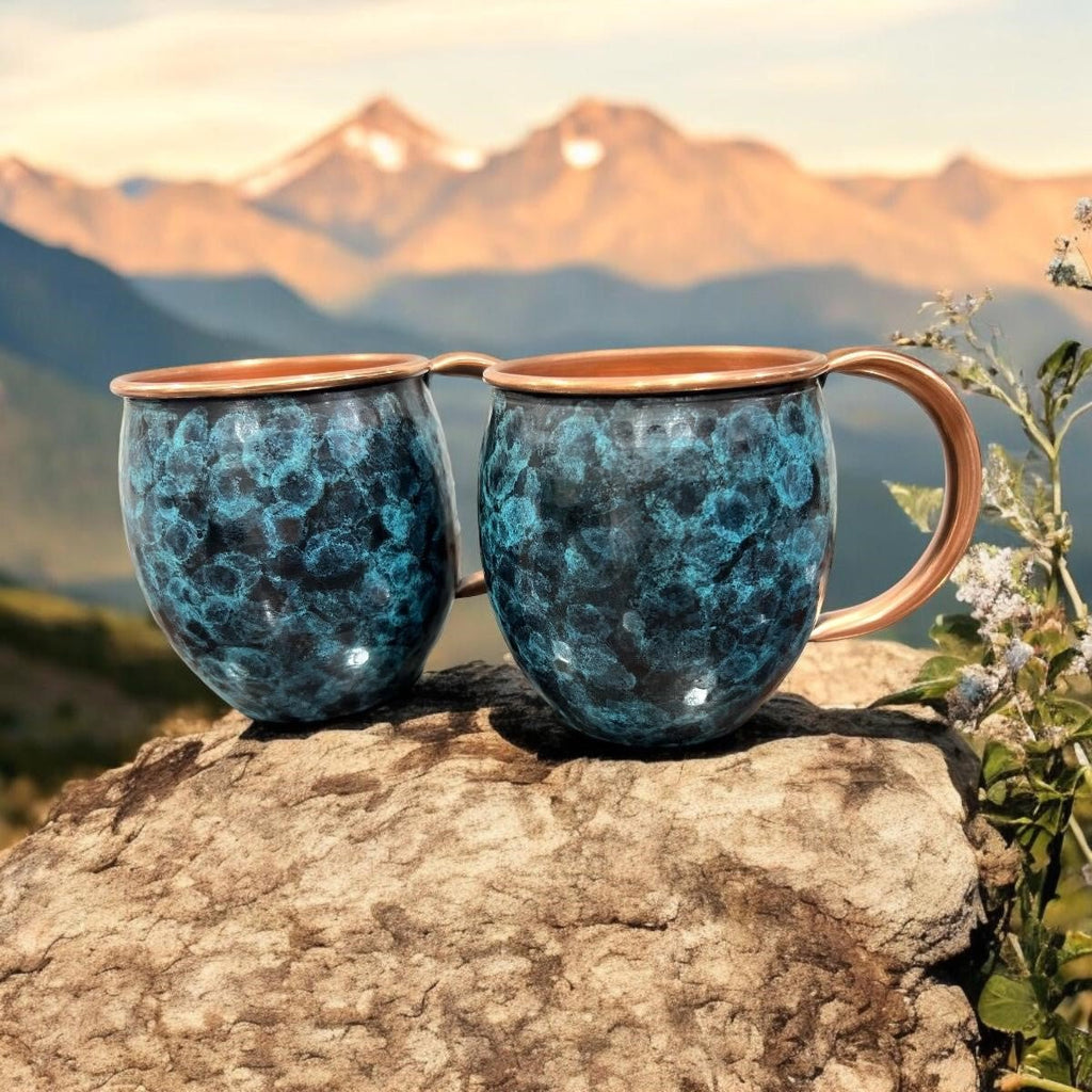 Set of Two Copper Barrel Mugs, Hammered and Stained Blue Patina - Addy Avenue