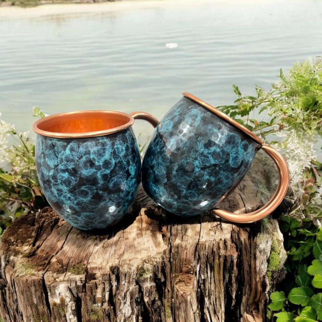 Set of Two Copper Barrel Mugs, Hammered and Stained Blue Patina - Addy Avenue
