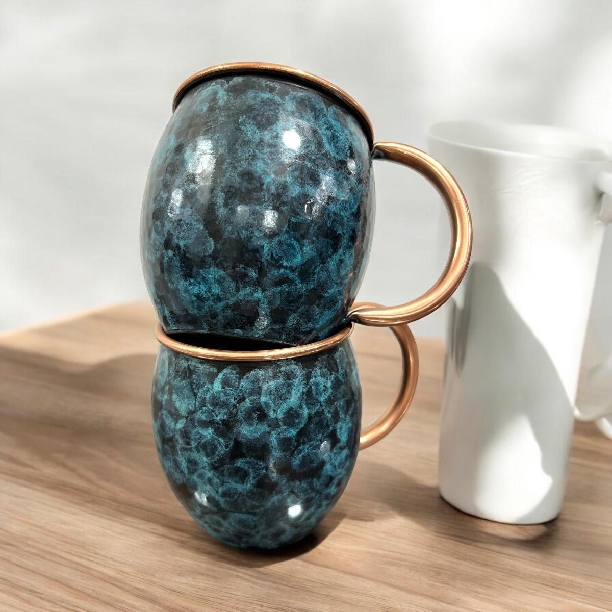 Set of Two Copper Barrel Mugs, Hammered and Stained Blue Patina - Addy Avenue