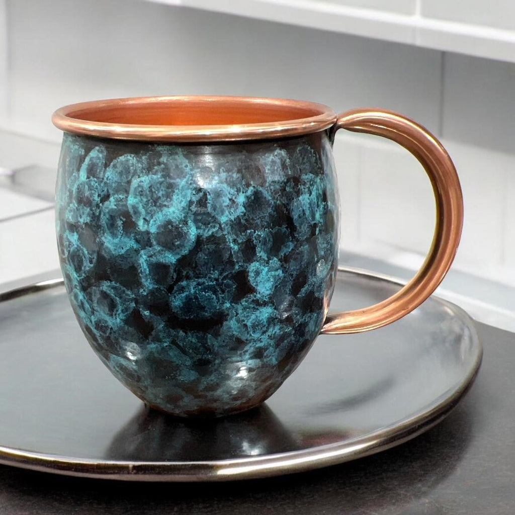 Set of Two Copper Barrel Mugs, Hammered and Stained Blue Patina - Addy Avenue