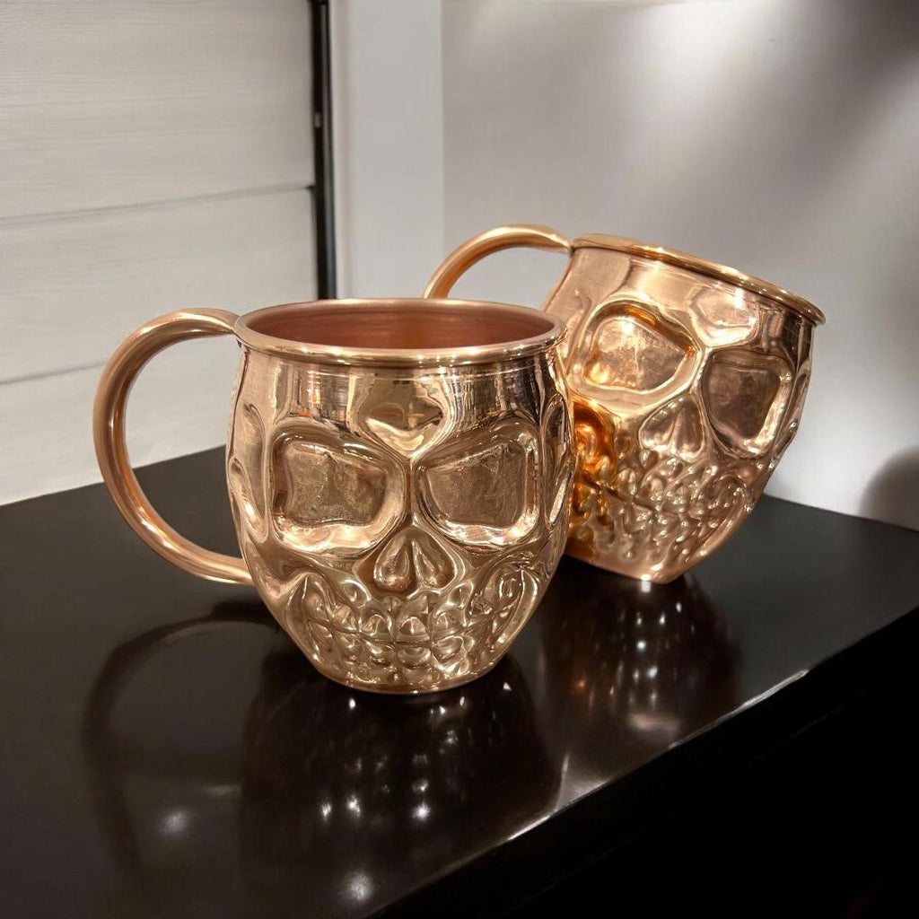 Set of Two Copper Skull (Day of the Dead) Shaped Mugs, Plain and Shiny Finish - Addy Avenue