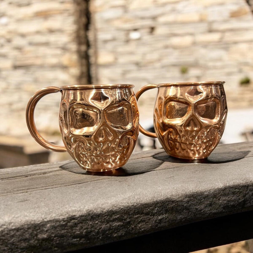 Set of Two Copper Skull (Day of the Dead) Shaped Mugs, Plain and Shiny Finish - Addy Avenue