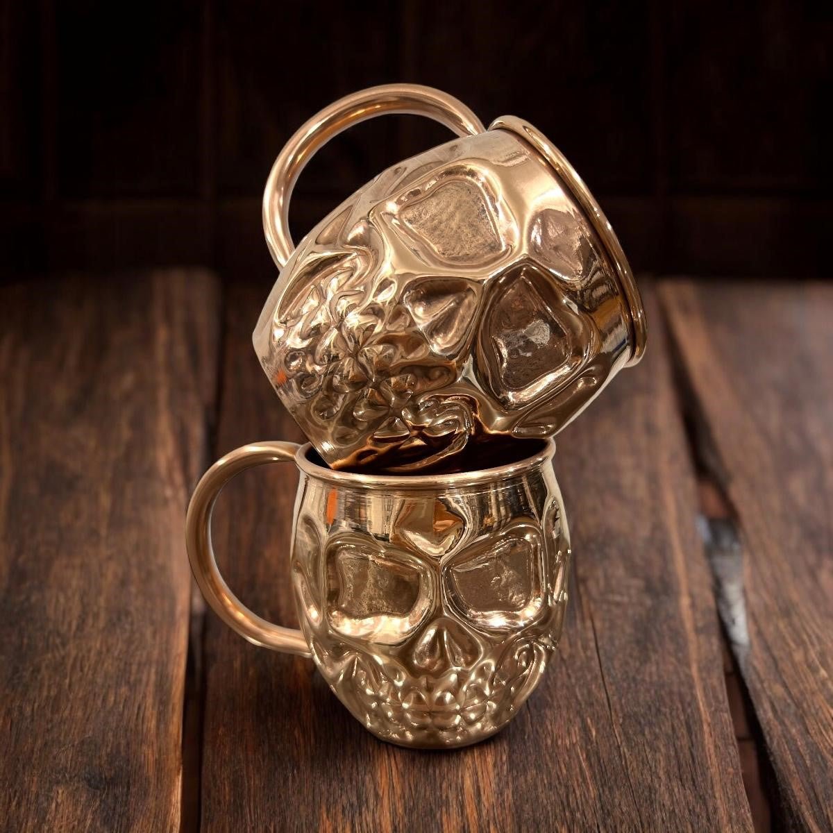 Set of Two Copper Skull (Day of the Dead) Shaped Mugs, Plain and Shiny Finish - Addy Avenue