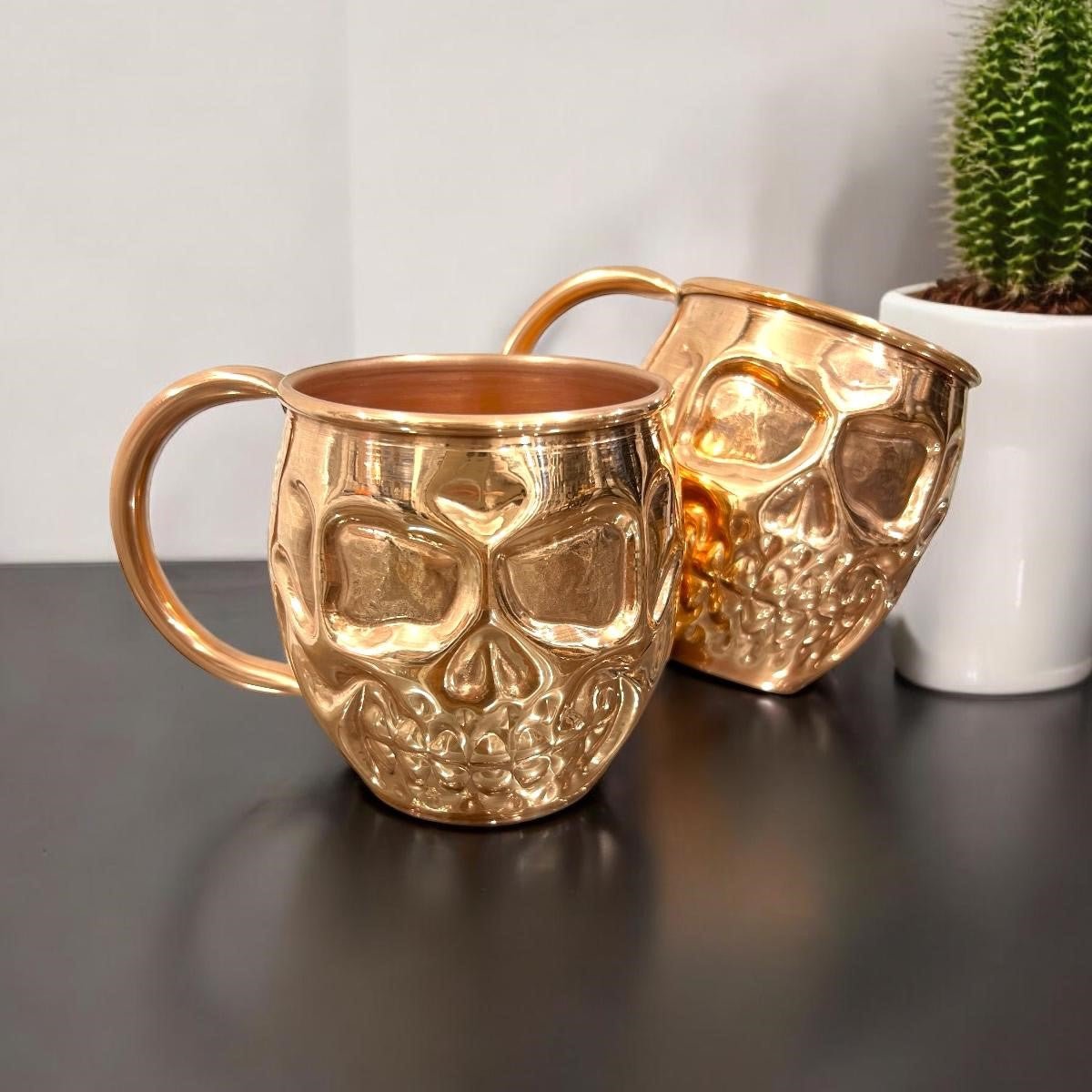 Set of Two Copper Skull (Day of the Dead) Shaped Mugs, Plain and Shiny Finish - Addy Avenue