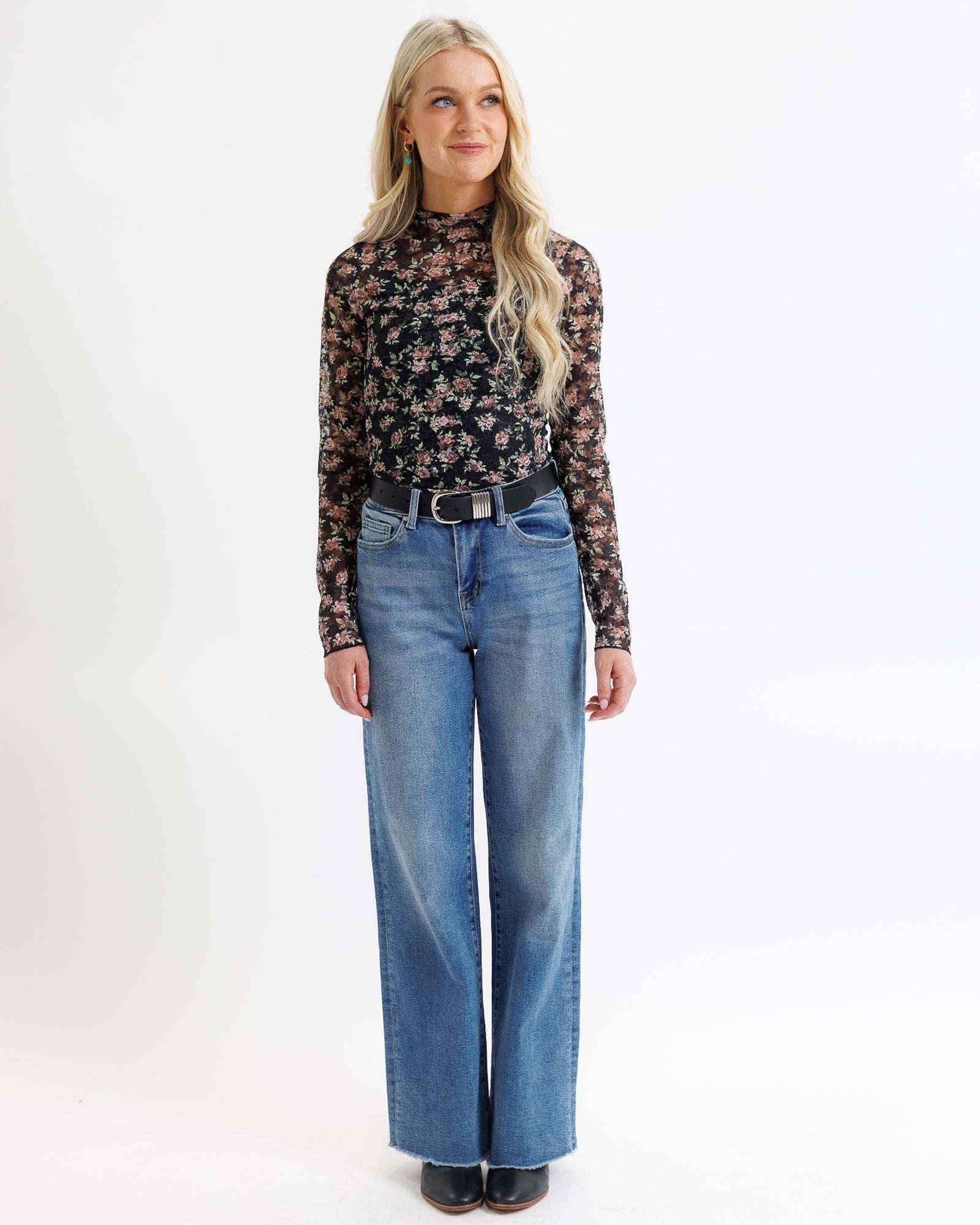 Sheer Lace Layering Top with Mock Neck & Long Sleeves - Addy Avenue