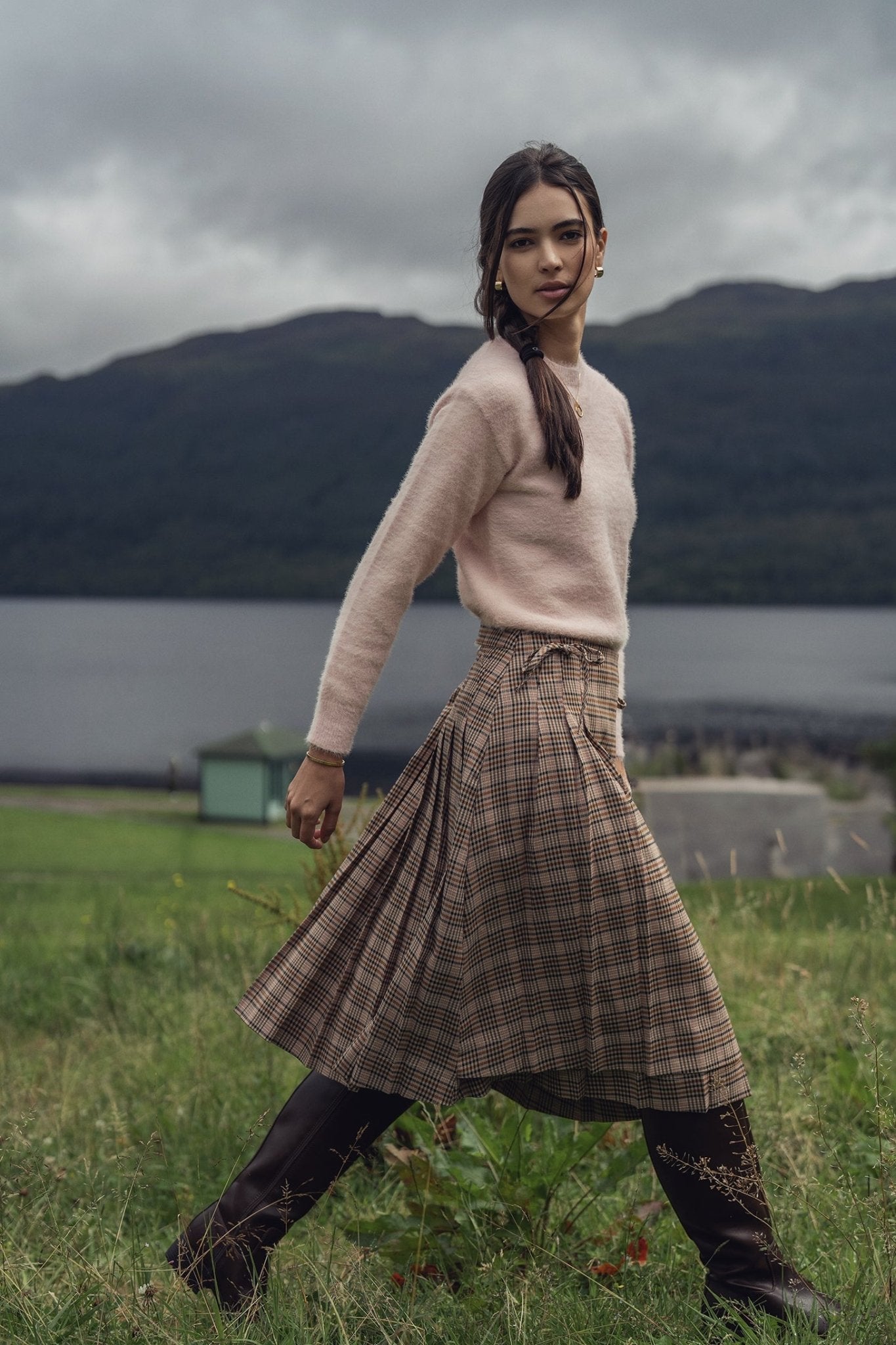 Side Bow Pleated Skirt - Pink Plaid - Addy Avenue