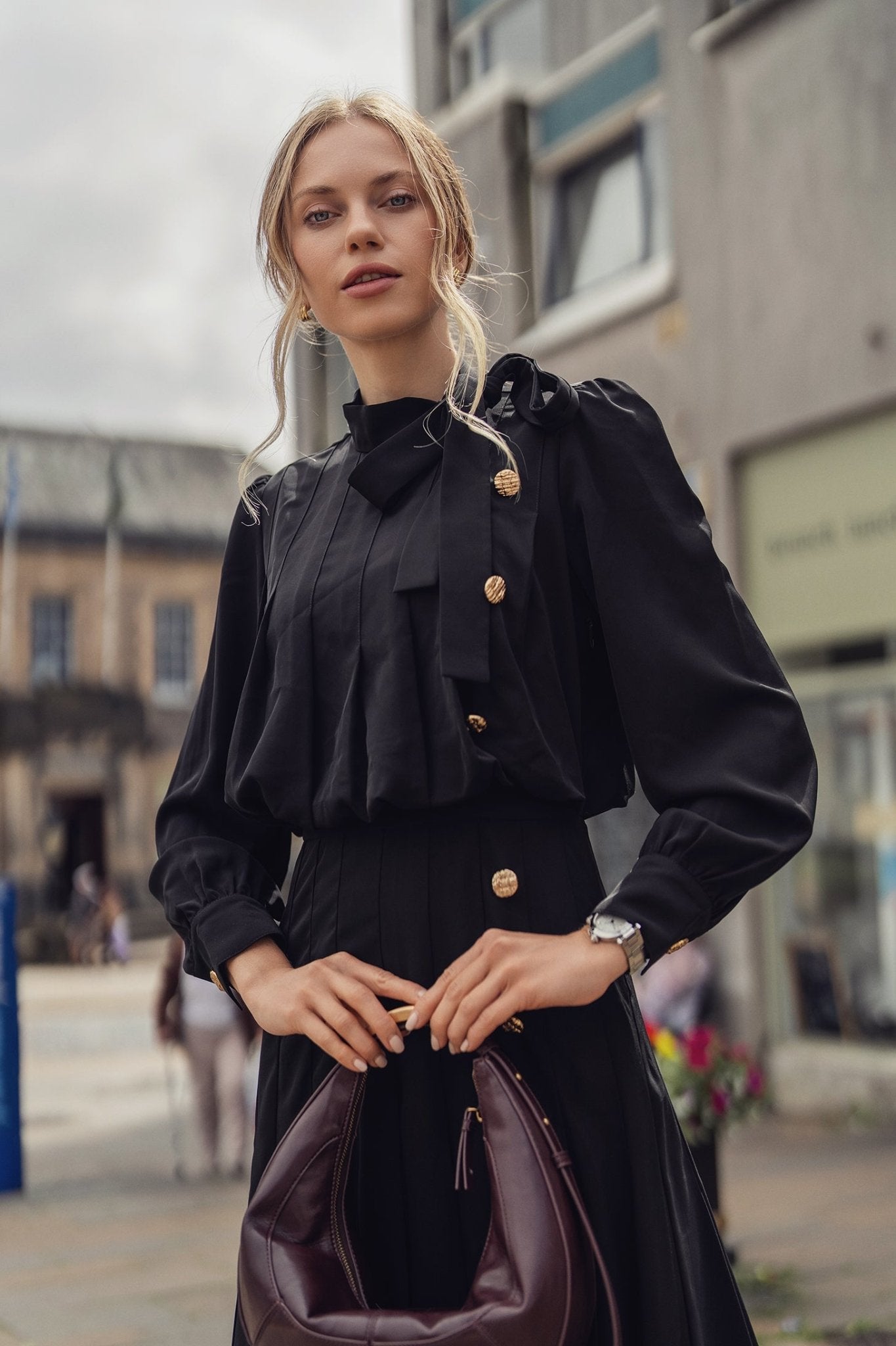 Side Button Pleat Dress - Black - Addy Avenue