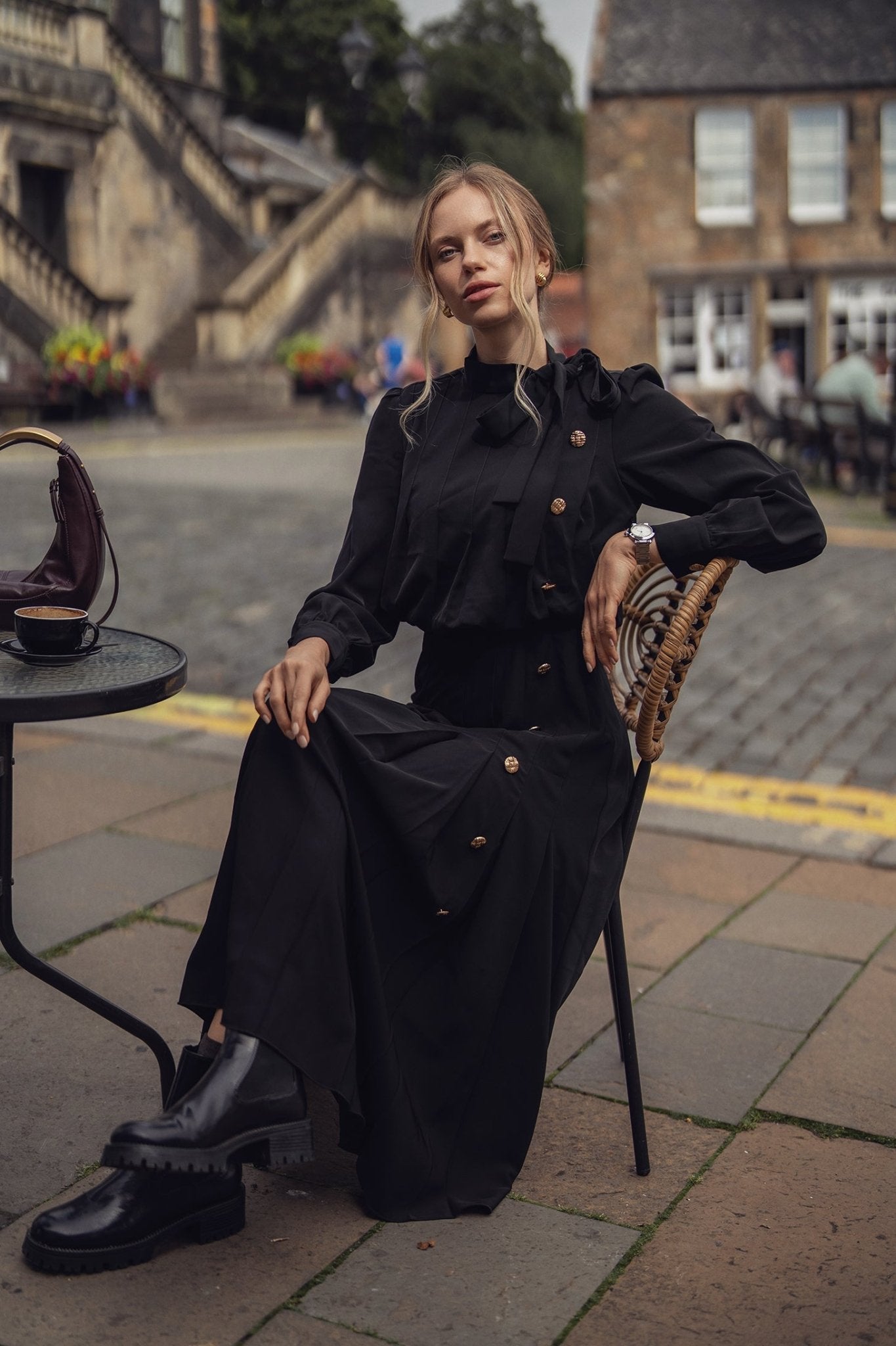 Side Button Pleat Dress - Black - Addy Avenue