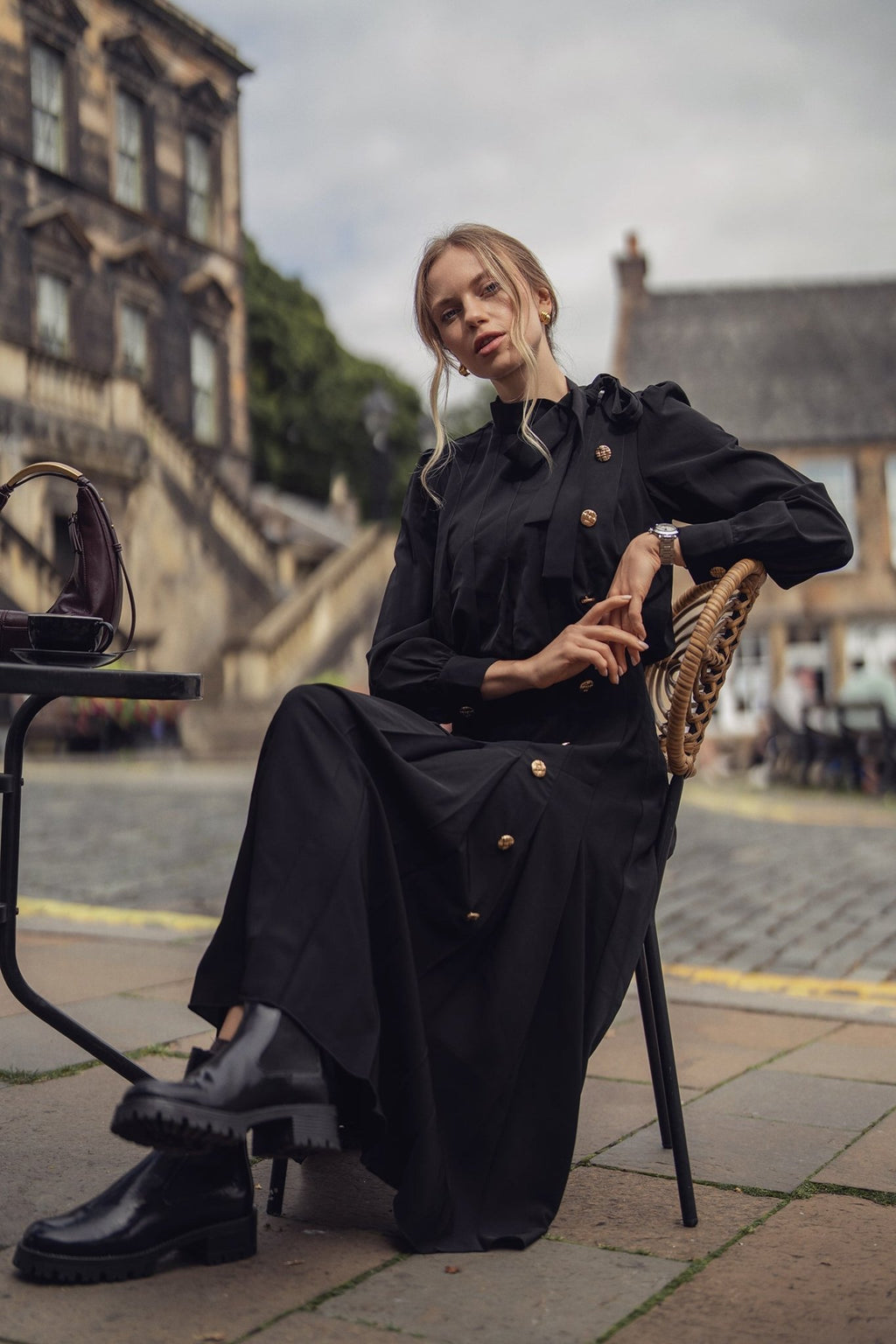 Side Button Pleat Dress - Black - Addy Avenue