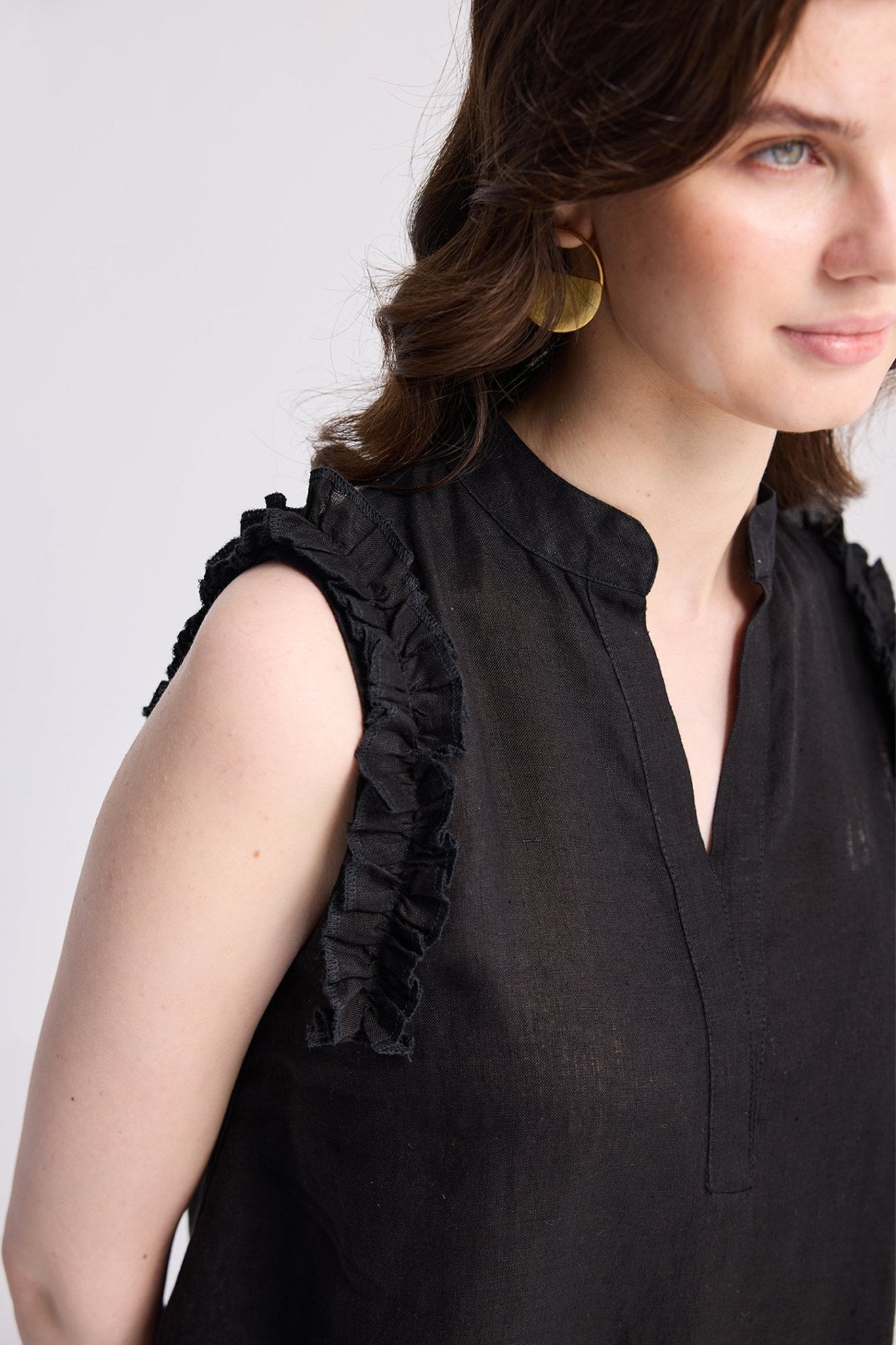Sleeveless Hemp Top with Ruffles in Black - Addy Avenue