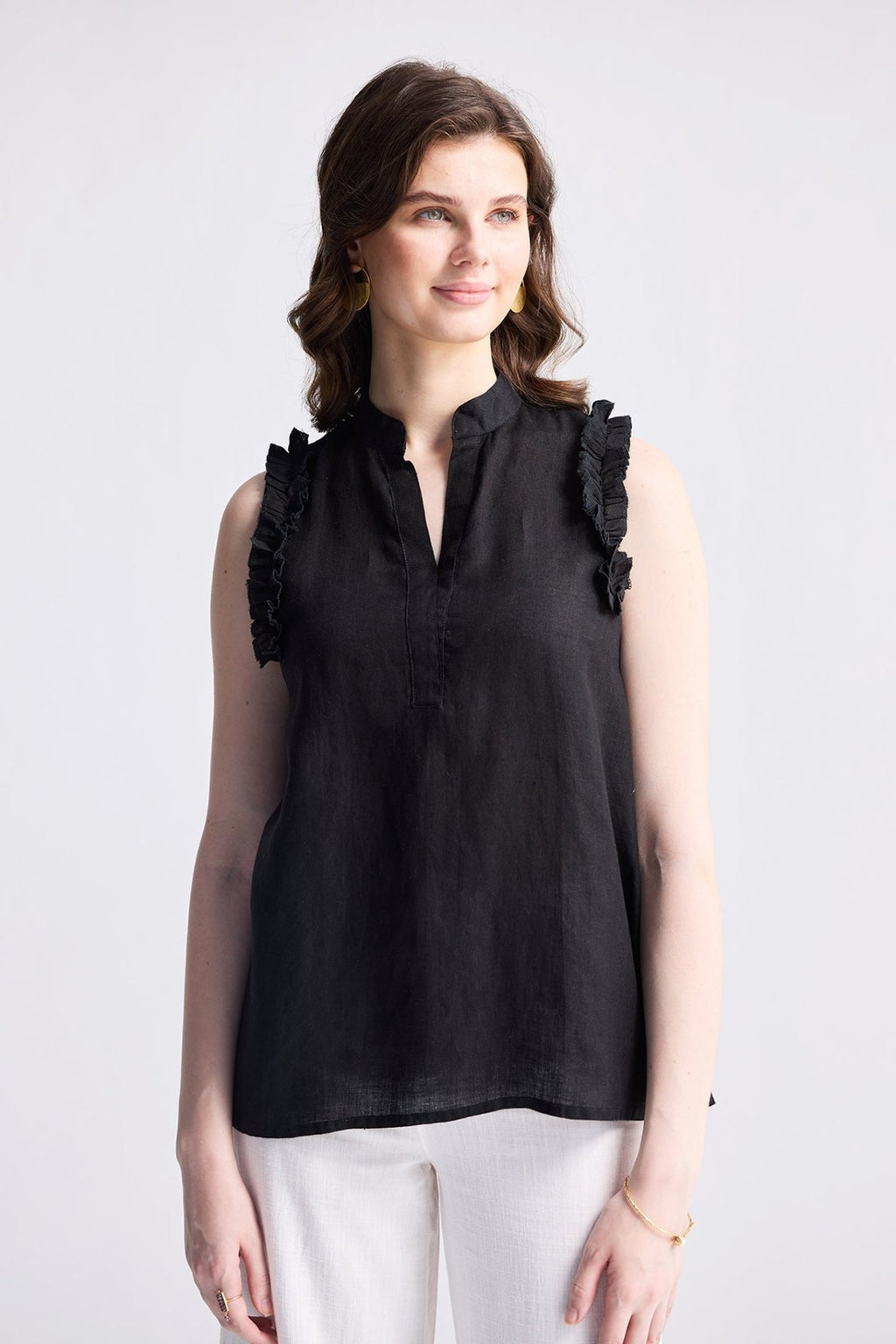 Sleeveless Hemp Top with Ruffles in Black - Addy Avenue