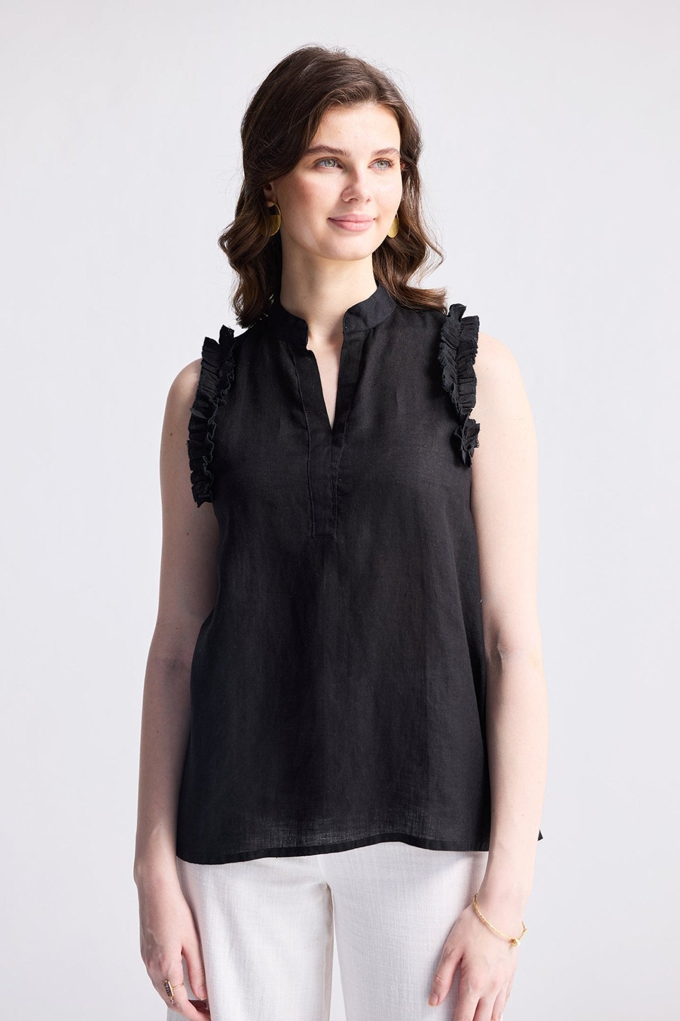 Sleeveless Hemp Top with Ruffles in Black - Addy Avenue